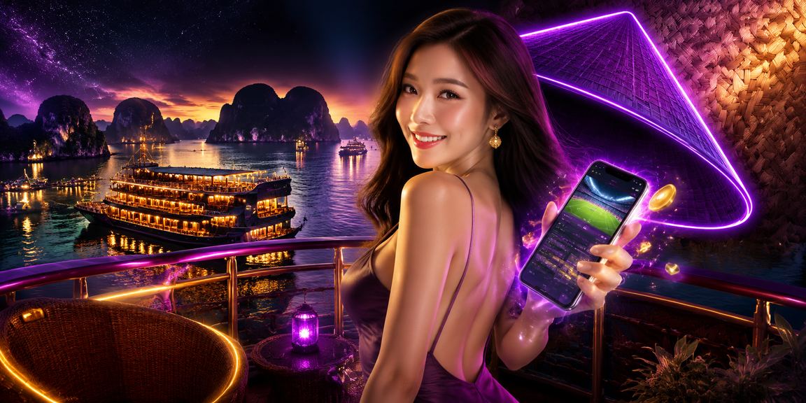 Người dùng xem voucher trên di động giữa khung cảnh vịnh Hạ Long